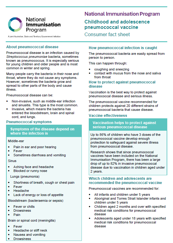 Cover image for the NIP childhood and adolescence pneumococcal vaccine consumer fact sheet (Sept 2025 update)