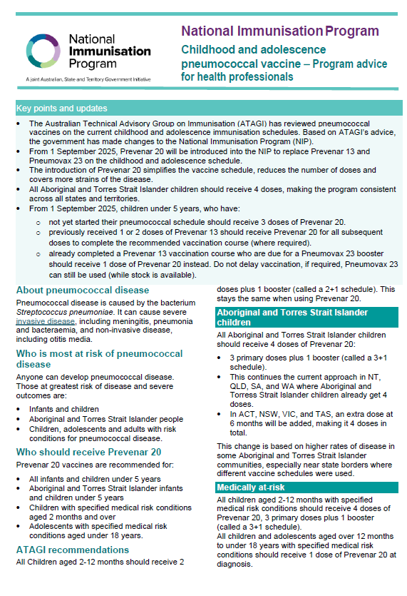 Cover image for the NIP childhood and adolescence pneumococcal vaccine provider advice for health professionals (Sept 2025 update)