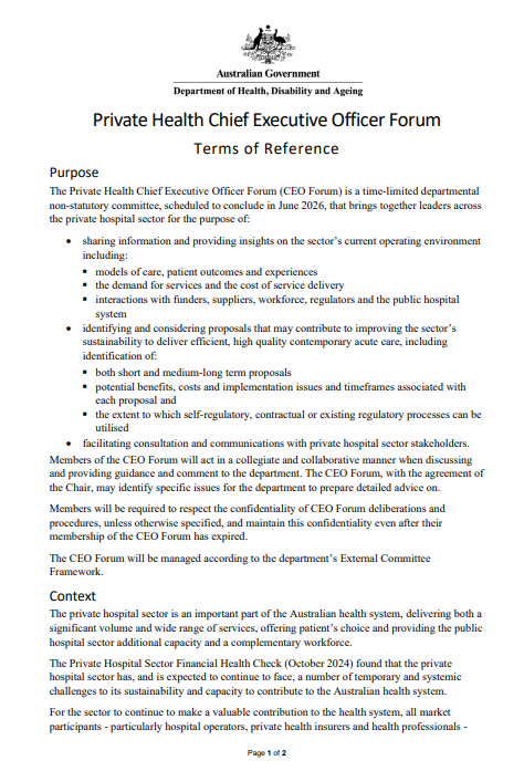 Private Health Chief Executive Officer Forum – Terms of reference cover image