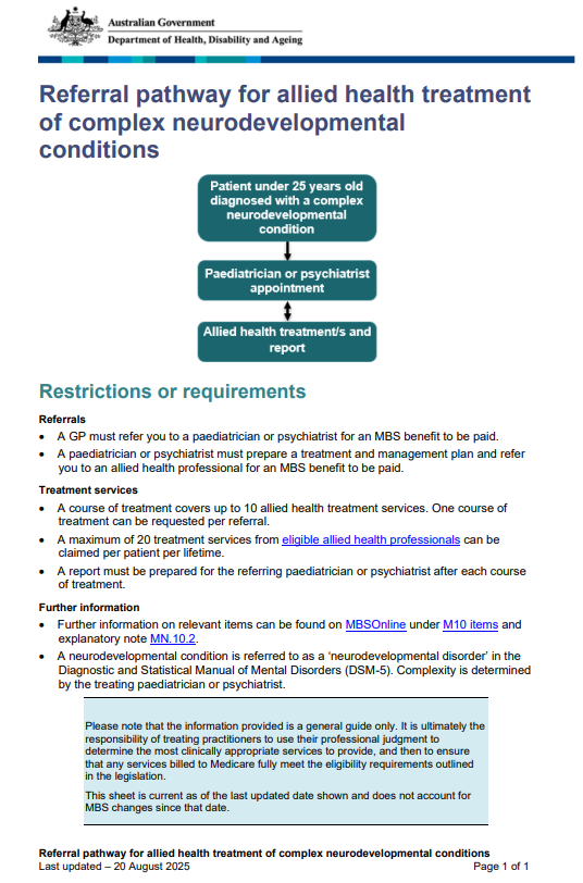 Referral pathway for allied health treatment of complex neurodevelopmental conditions – Flowchart cover image