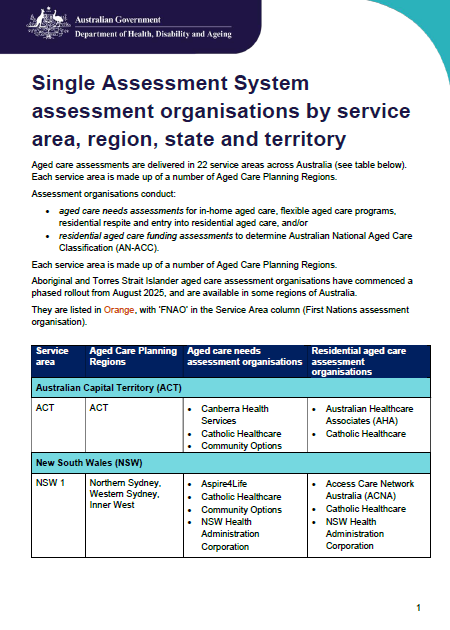 Cover page for Single Assessment System assessment organisations by service area, region, state and territory