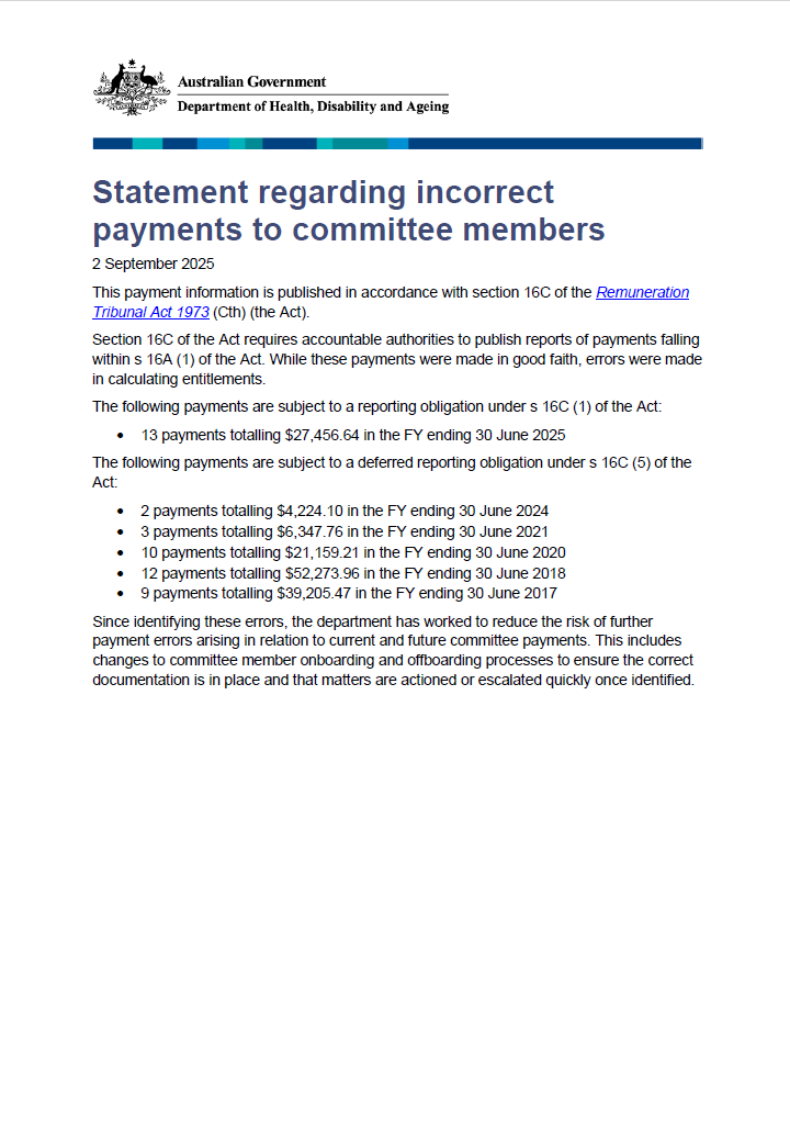 Statement regarding incorrect payments to committee members