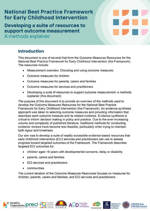 The National Best Practice Framework for Early Childhood Intervention – Outcome measures for communities