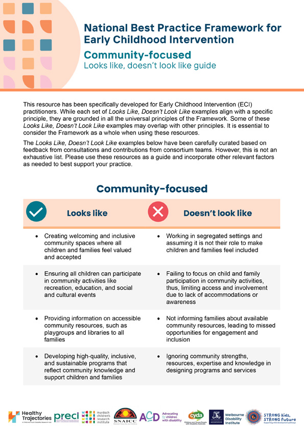 The National Best Practice Framework for Early Childhood Intervention – Looks like, doesn't look like – Community-focused