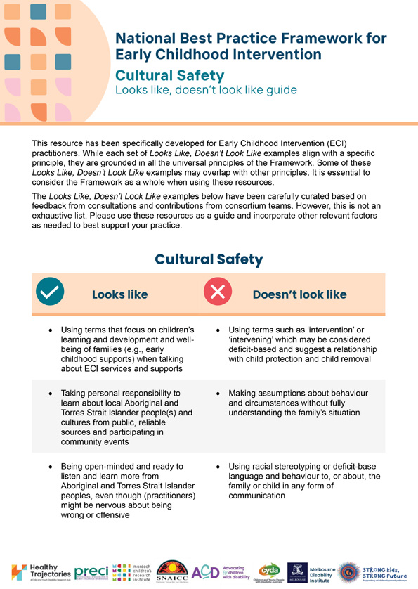 The National Best Practice Framework for Early Childhood Intervention – Looks like, doesn't look like – Cultural safety