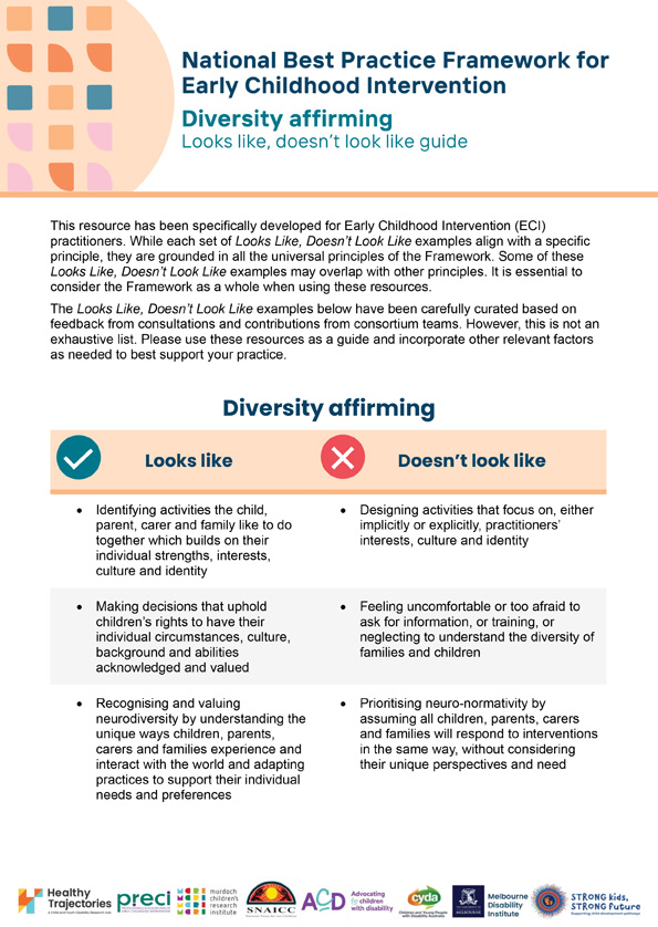 The National Best Practice Framework for Early Childhood Intervention – Looks like, doesn't look like – Diversity affirming