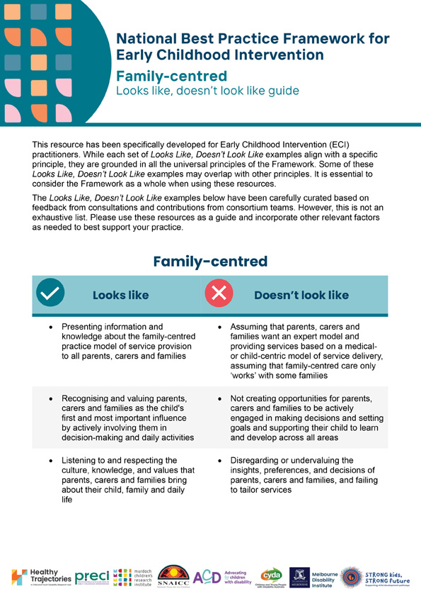 The National Best Practice Framework for Early Childhood Intervention – Looks like, doesn't look like – Family-centred