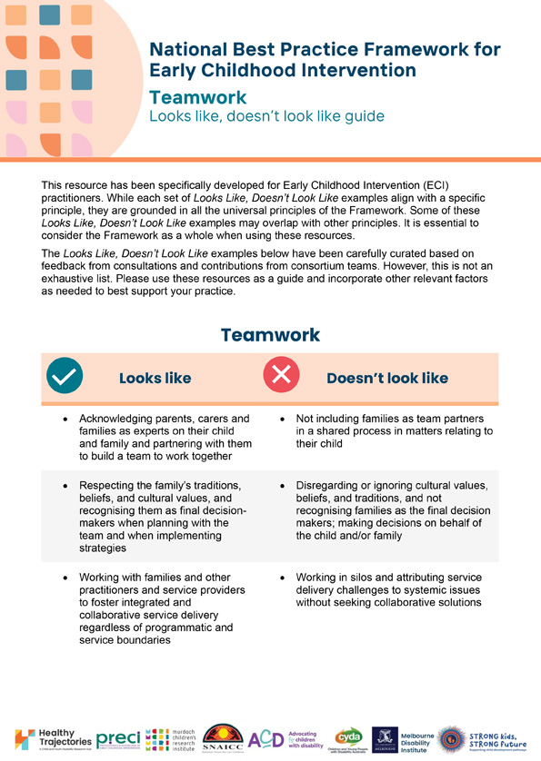 The National Best Practice Framework for Early Childhood Intervention – Looks like, doesn't look like – Teamwork