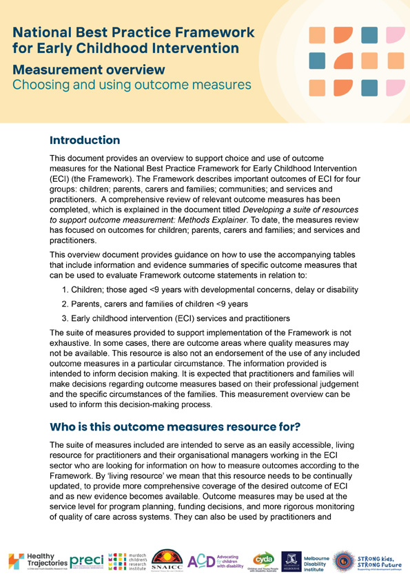 The National Best Practice Framework for Early Childhood Intervention – Measurement overview – Choosing and using outcome measures