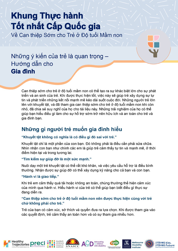 The National Best Practice Framework for Early Childhood Intervention – What young people say is important – A guide for families (Vietnamese)
