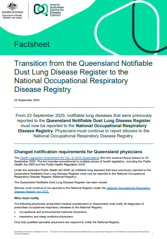 Cover page for Transition from the Queensland Notifiable Dust Lung Disease Register to the National Occupational Respiratory Disease Registry Fact sheet
