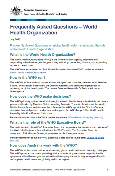 Cover page for the Frequently Asked Questions – World  Health Organization fact sheet
