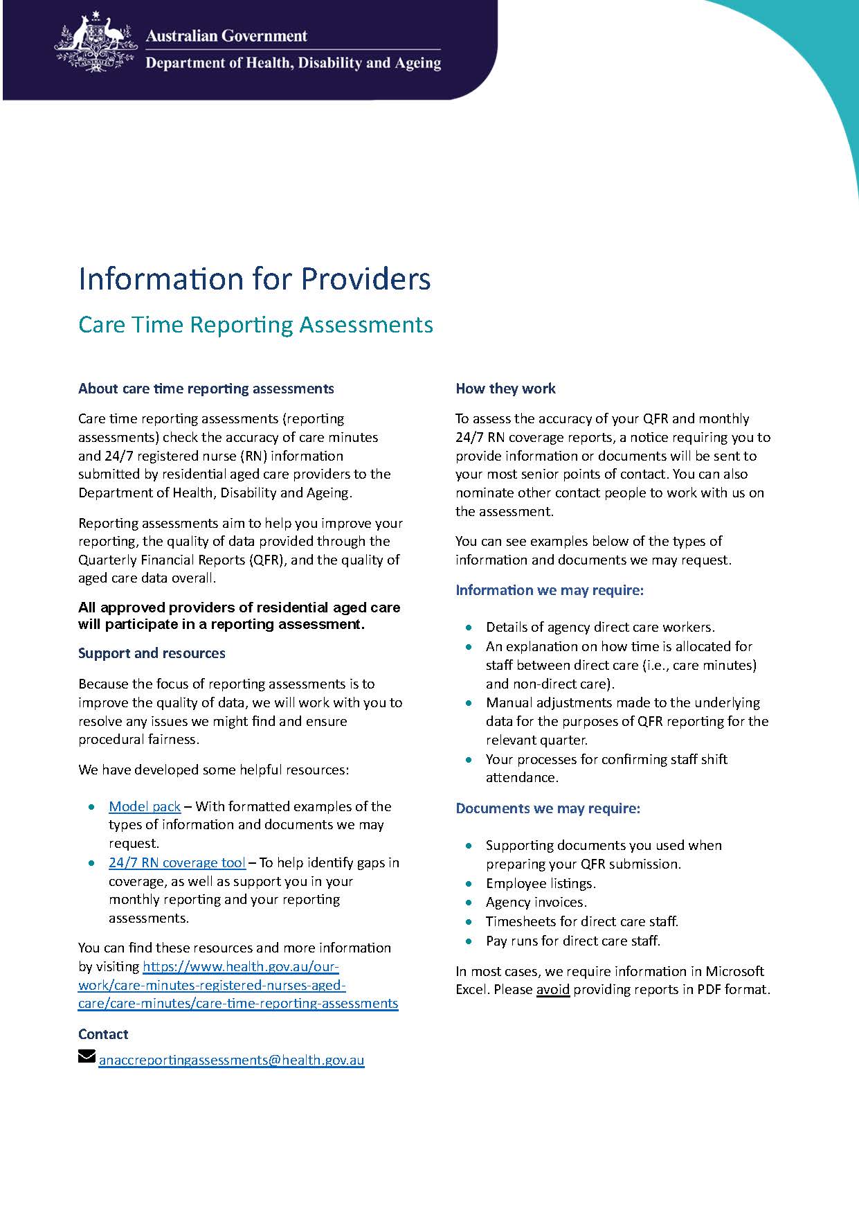 Care time reporting assessment information for providers fact sheet