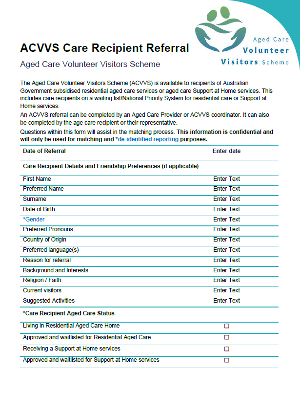Cover page for the ACVVS Care Recipient Referral form