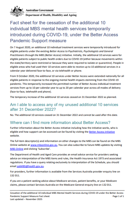Better Access Cessation of the additional 10 sessions cover page