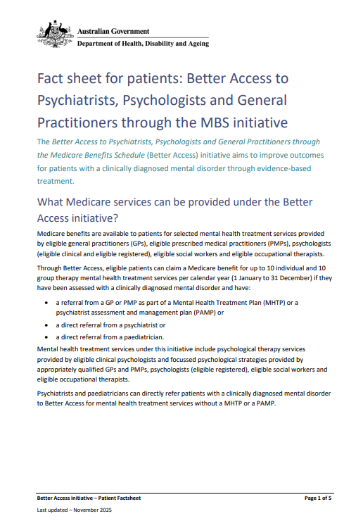 Fact sheet for patients: Better Access to  Psychiatrists, Psychologists and General  Practitioners through the MBS initiative cover page