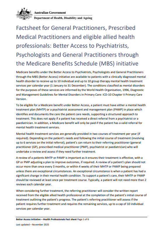Factsheet for General Practitioners, Prescribed Medical Practitioners and eligible allied health professionals – Better Access to Psychiatrists, Psychologists and General Practitioners through the Medicare Benefits Schedule (MBS) initiative cover page