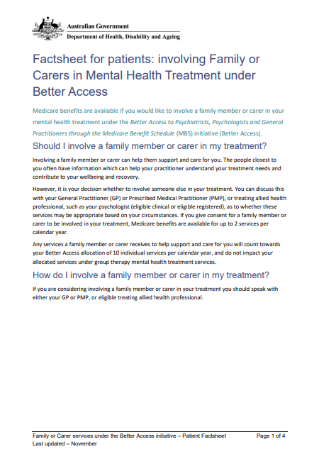 Better Access – Involving family or carers in my mental health treatment cover page