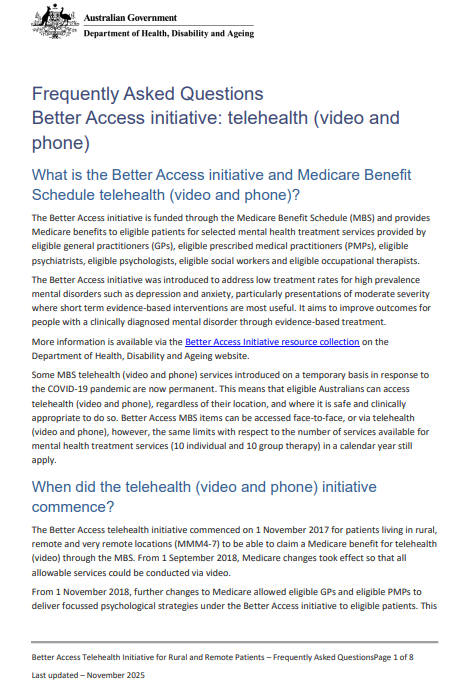 Cover page for the Better Access Telehealth frequently asked questions fact sheet