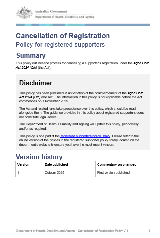 Cancellation of Registration policy cover page