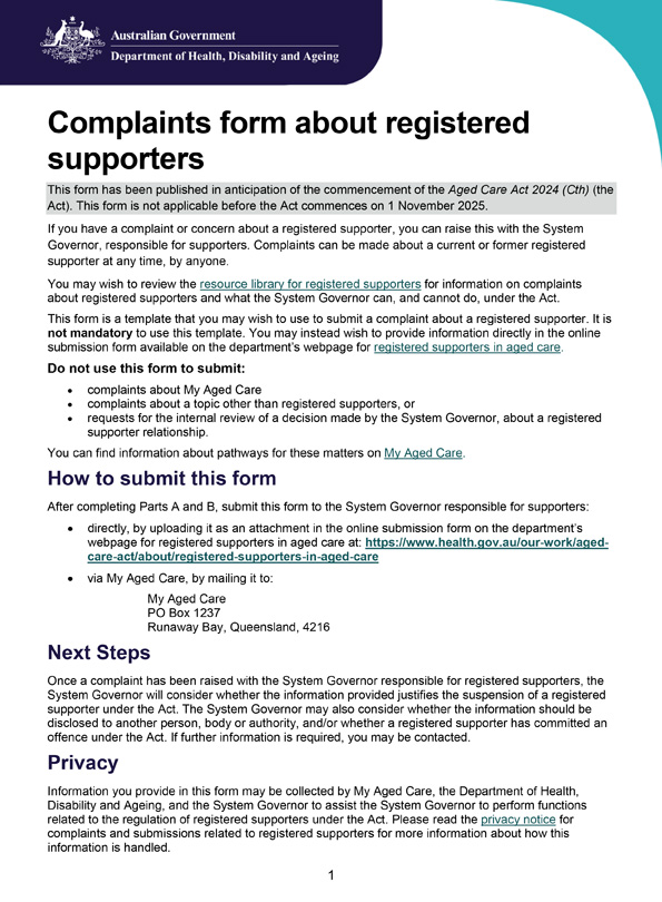 Complaints form about registered supporters