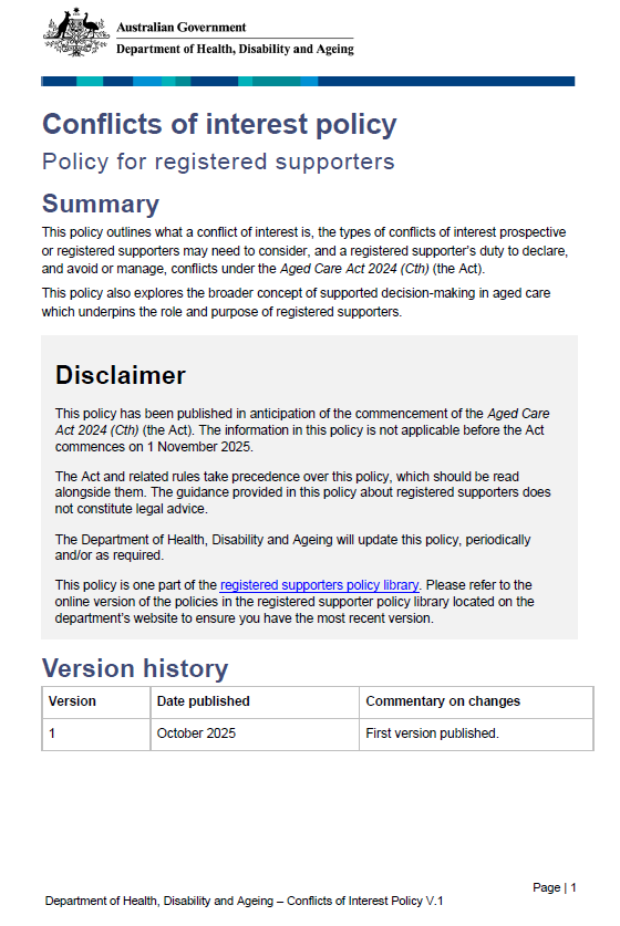 Conflicts of interest policy cover page