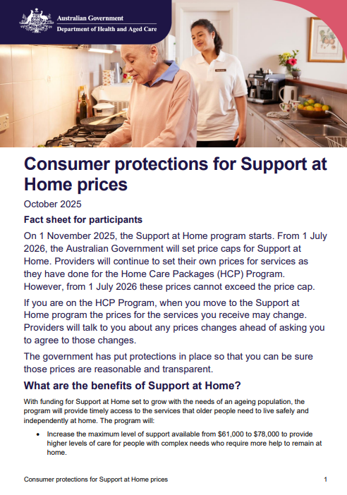 Consumer protections for Support at Home prices – fact sheet for participants cover page (Oct update)