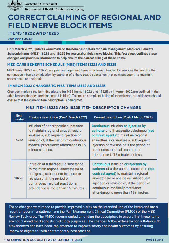 Cover page for Correct claiming of regional and field nerve block items