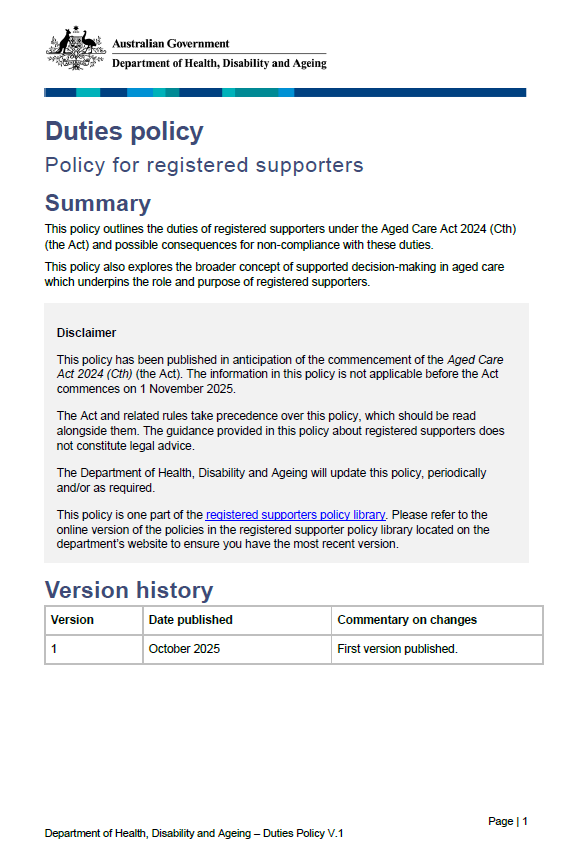 Duties policy cover page