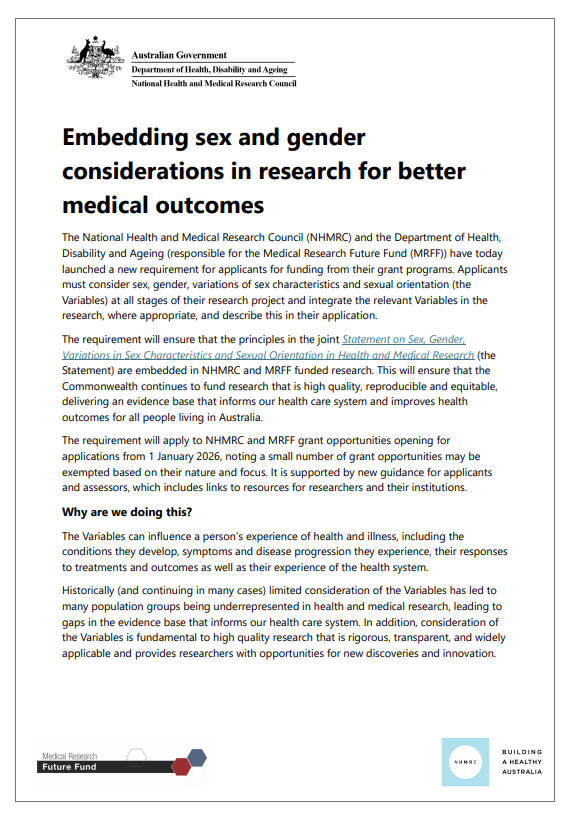 Cover page for Embedding sex and gender considerations in research for better medical outcomes