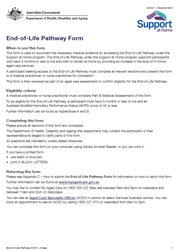 End-of-life pathway form cover page