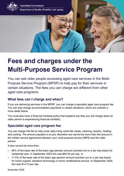 Fees and charges under the Multi-Purpose Service Program cover page