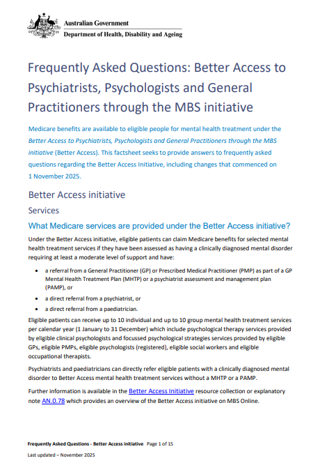 Better Access – Psychiatrists, Psychologists and General  Practitioners through the MBS initiative cover page
