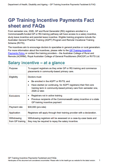 GP Training incentive payment fact sheet and FAQs