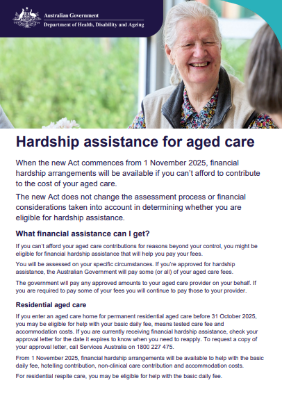 Hardship assistance for aged care cover page