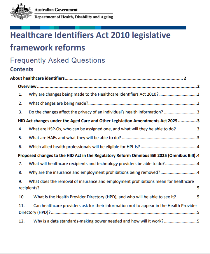 Cover page for the Frequently Asked Questions Healthcare Identifiers Act 2010 legislative framework reforms