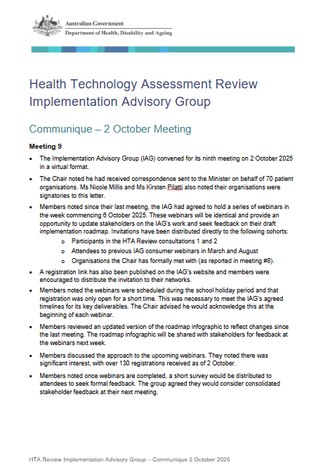 HTA Review Implementation Advisory Group communique – 2 October 2025