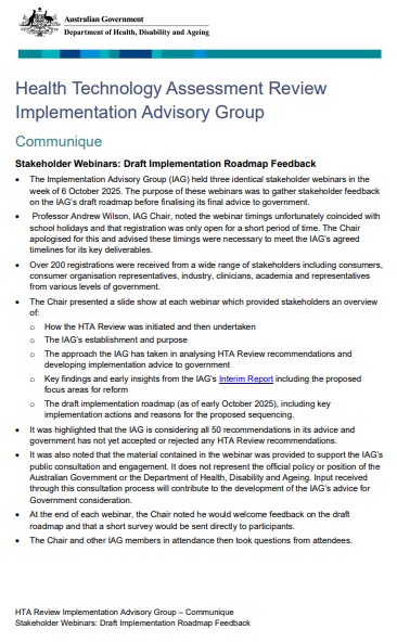 Health Technology Assessment Review Implementation Advisory Group communique cover page
