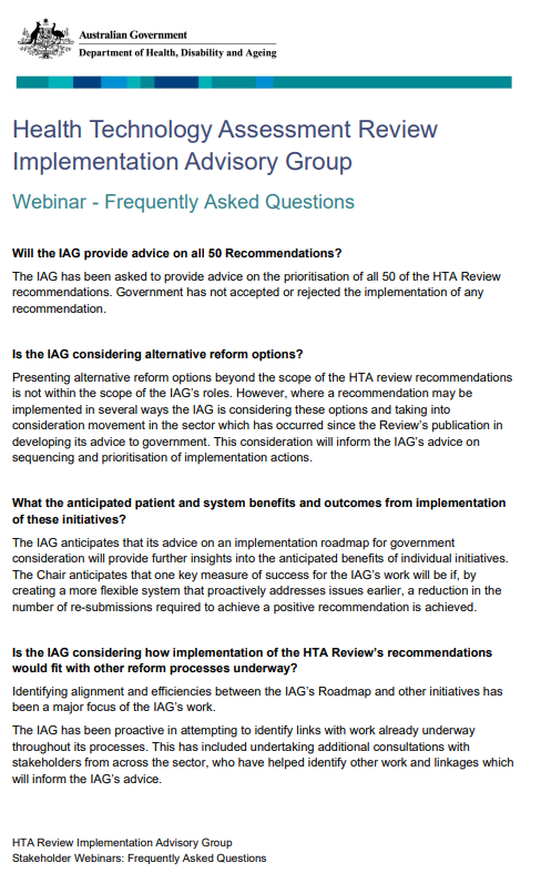HTA Review Implementation Advisory Group – FAQ cover page
