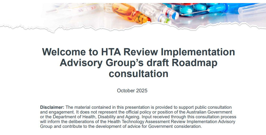 Cover page for the Welcome to HTA Review Implementation Advisory Group’s draft Roadmap