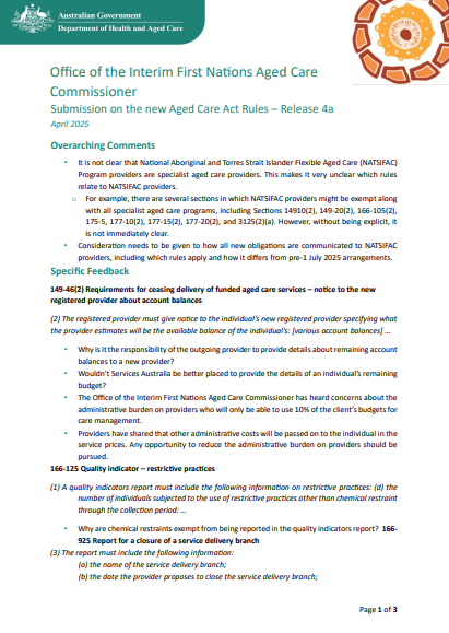 Submission on the new Aged Care Act Rules – Release 4a cover page