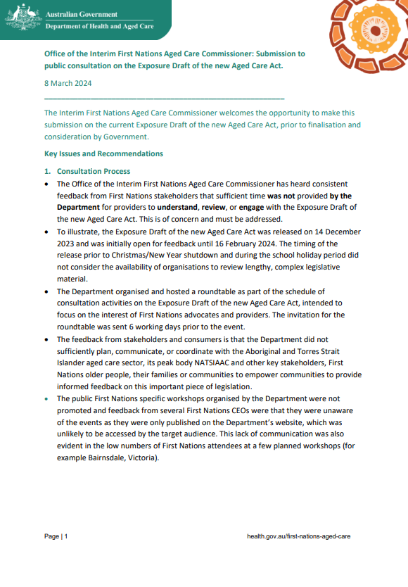 Cover page for the IFNACC submission – Exposure Draft of the New Aged Care Act