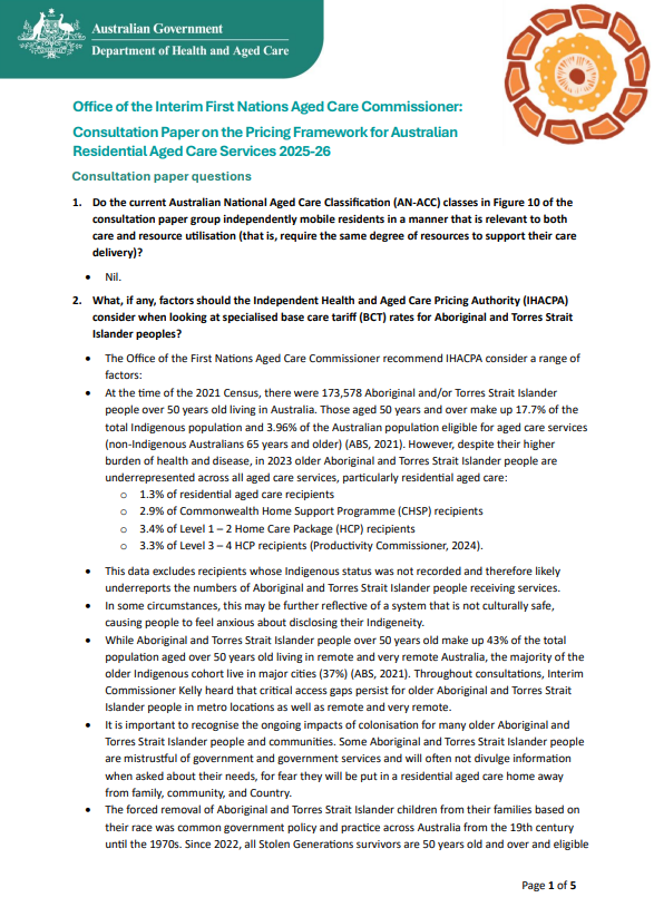 Consultation Paper on the Pricing Frameworkfor Australian Residential Aged Care Services 2025-26 cover page