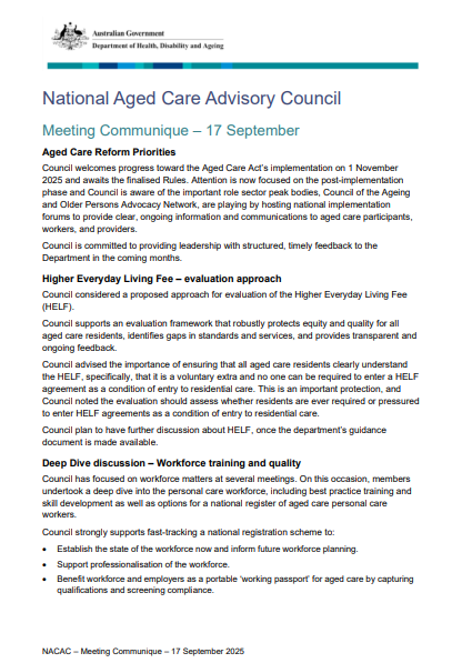 Cover page for the National Aged Care Advisory Council communique – September 2025