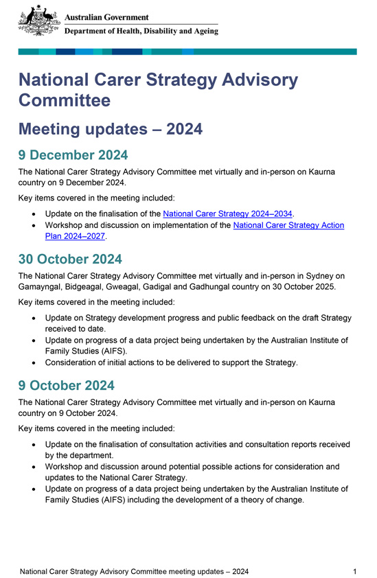 National Carer Strategy Advisory Committee meeting updates – 2024
