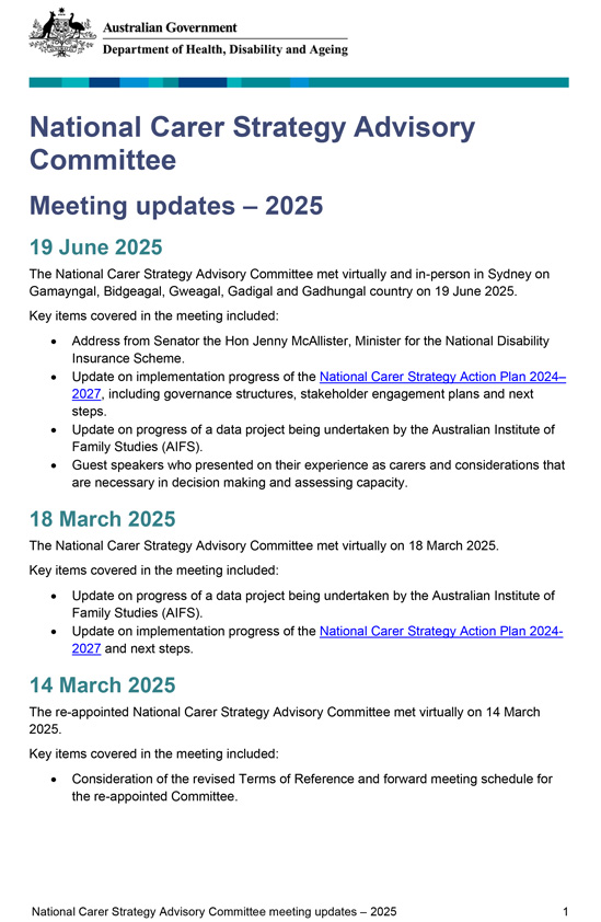 National Carer Strategy Advisory Committee meeting updates – 2025