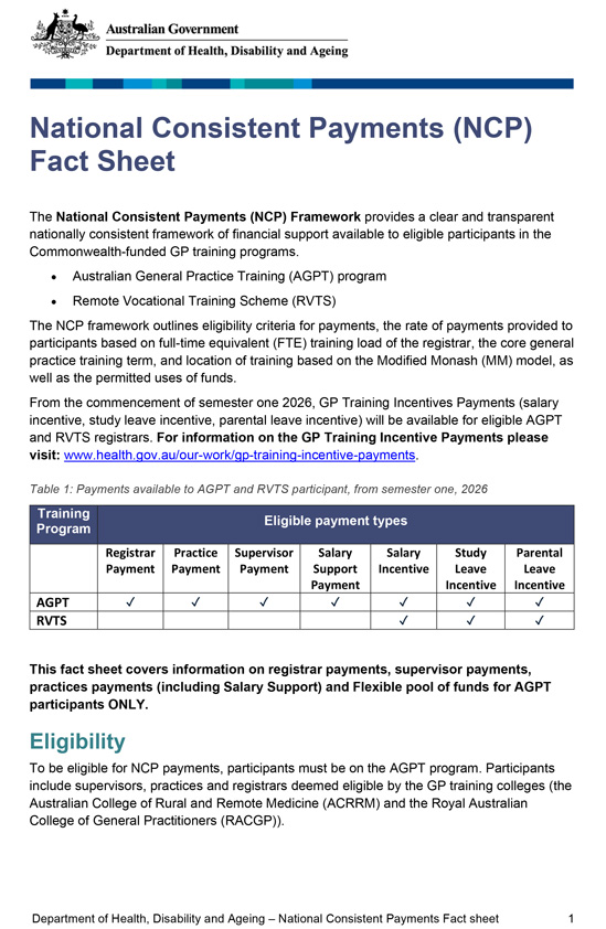 National Consistent Payments Framework (NCP) fact sheet – 2026