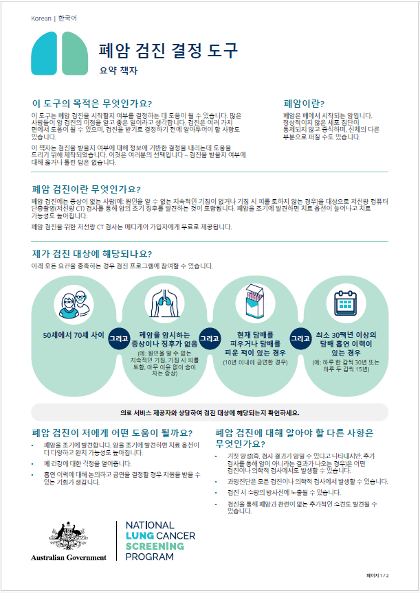 국가 폐암 검진 프로그램 – 폐암 검진 결정 도구 – 요약