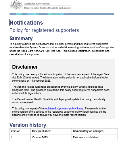 Cover page of notification policy