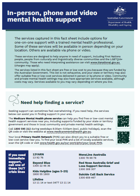 In-person, phone and video mental health supports cover page